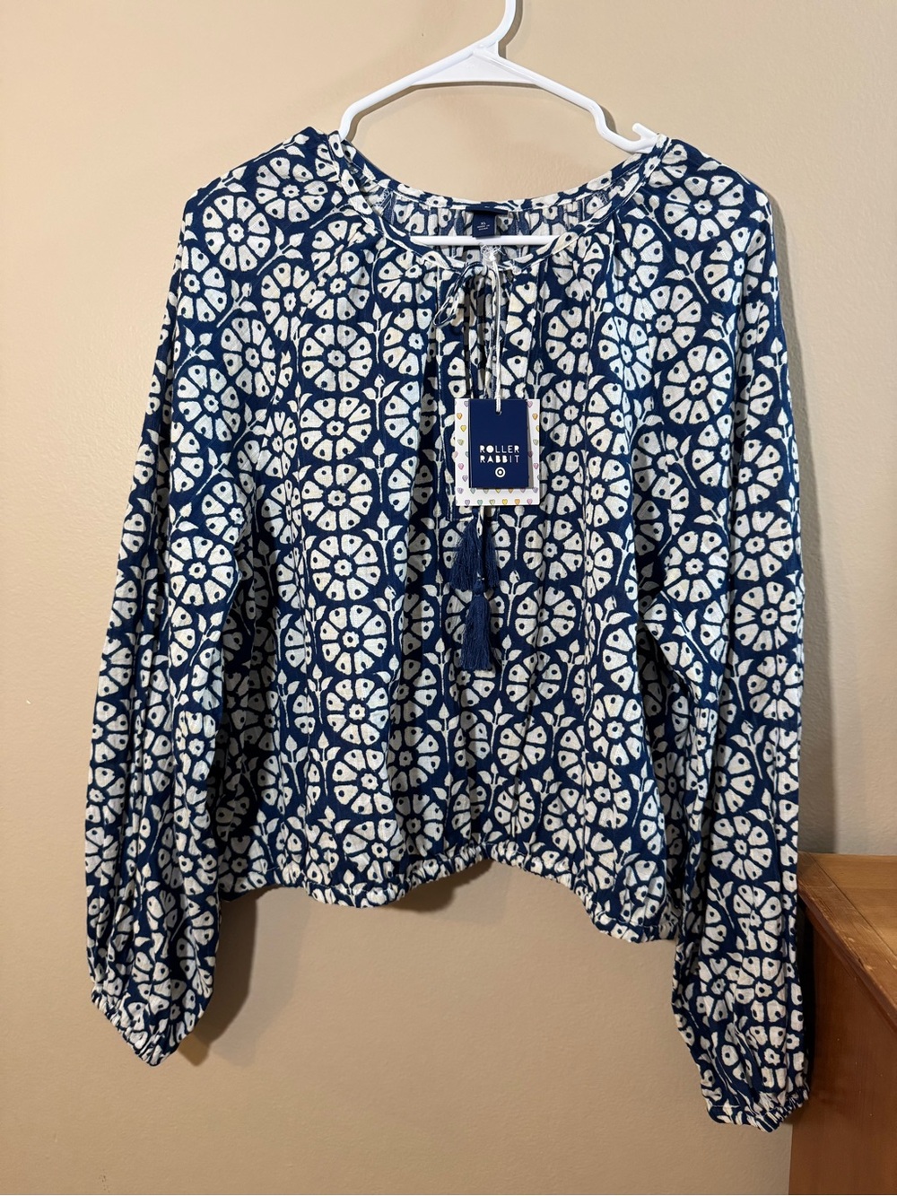 Roller Rabbit Blue & White Floral Tassel Tie Peasant Blouse NWT XL